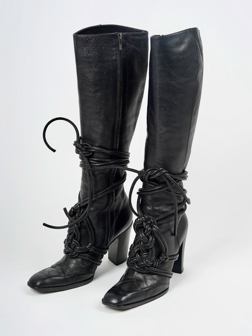 Vintage Yves Saint Laurent F/W 2001 Knot Lace Leather Lace High Heel Boots Black